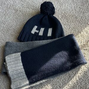Cozy Navy and Gray Kids Pom-Pom Beanie with Scarf